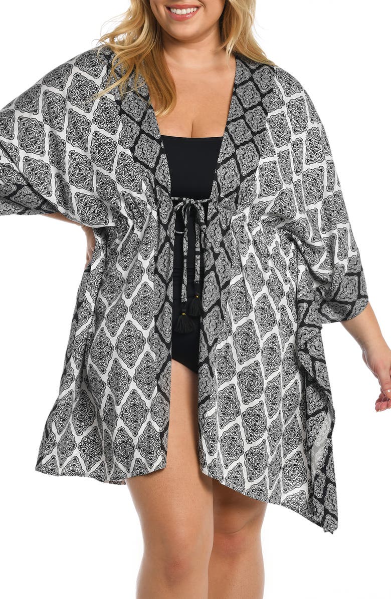 La Blanca Oasis Front Tie Cover-Up, Main, color, Black/ White