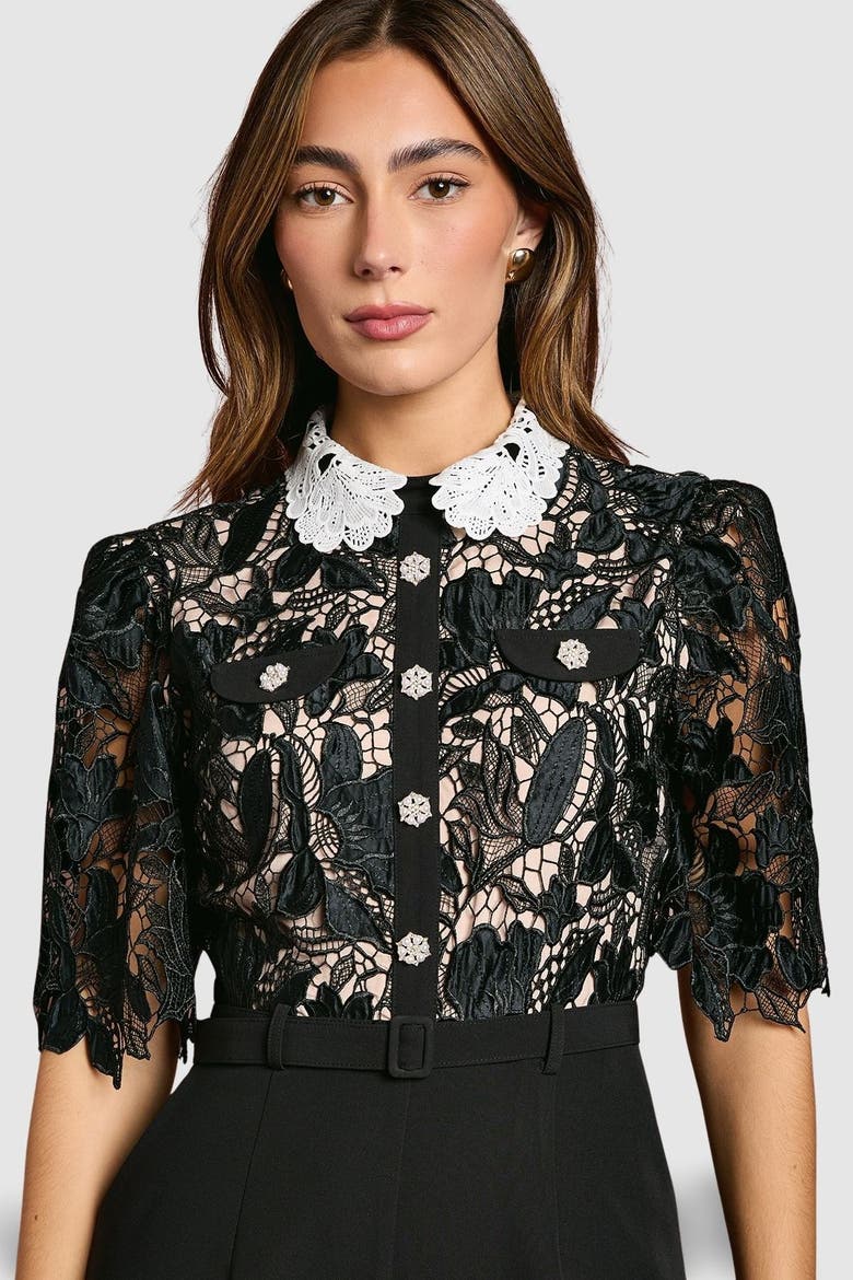 Lace Shirt Short Sleeve Jumpsuit, Alternate, color, Mono
