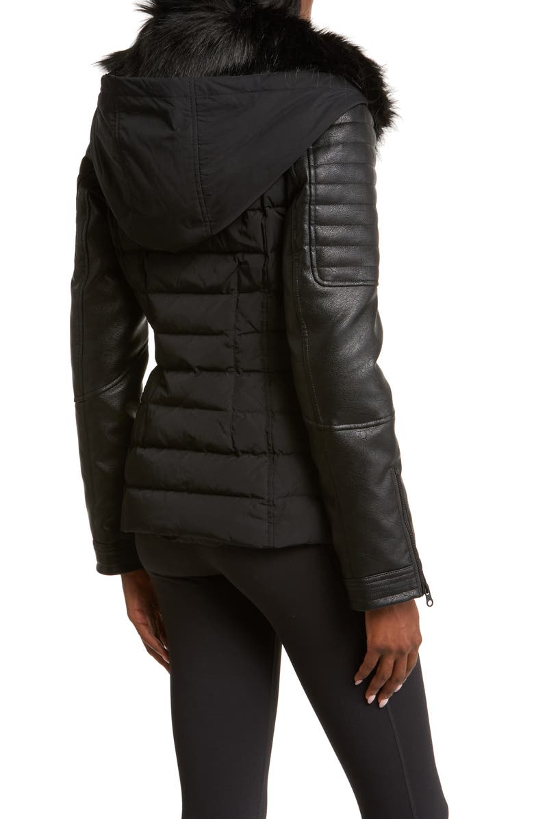 Blanc Noir Sophia Hooded Mixed Media Faux Leather Quilted Jacket with Removable Faux Fur Trim, Alternate, color, 