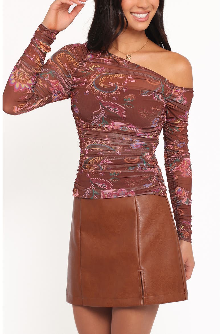 Elfrida Ruched One-Shoulder Mesh Top, Alternate, color, BROWN FLORAL