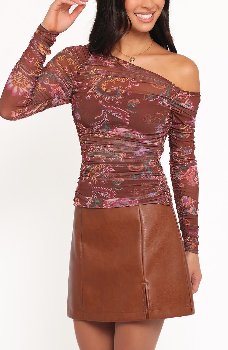 Petal & Pup Elfrida Ruched One-Shoulder Mesh Top, Alternate, color, Brown Floral