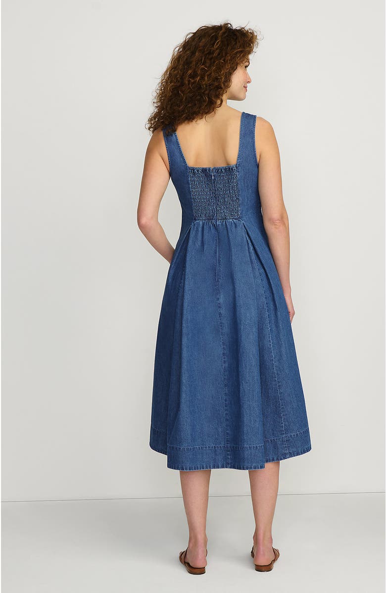 Lands' End Pleated Square Neck Cotton Poplin Midi Dress, Alternate, color, Lima Blue
