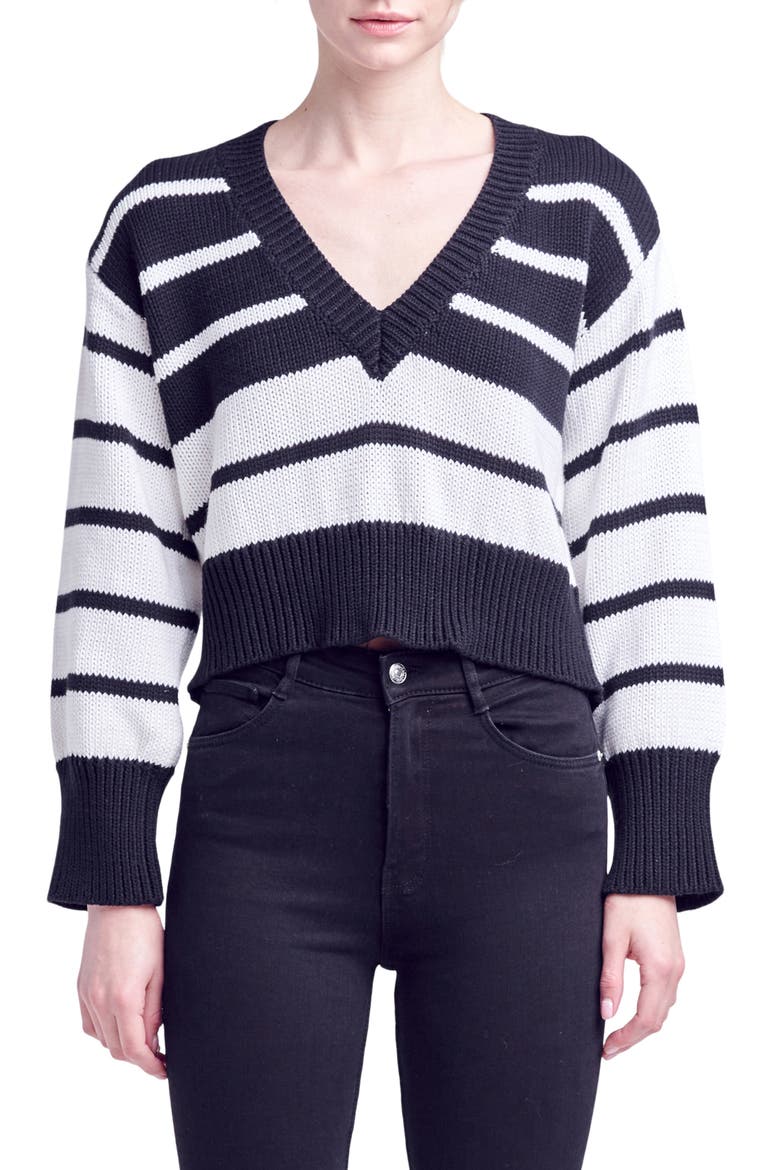 Stripe V-Neck Cotton Crop Sweater, Main, color, BLACK/ WHITE
