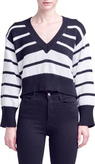 English Factory Stripe V-Neck Cotton Crop Sweater