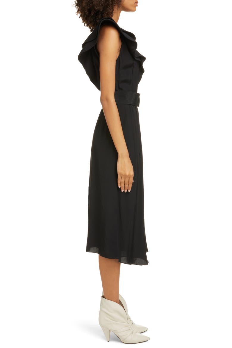 Coraline Ruffle Trim Midi Dress, Alternate, color, BLACK