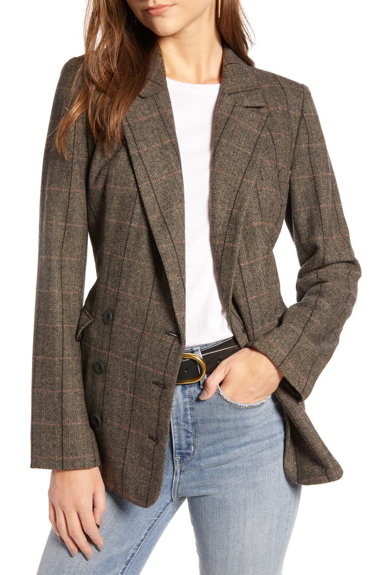Plaid Double Breasted Blazer, Main, color, BROWN WHALES CHECK