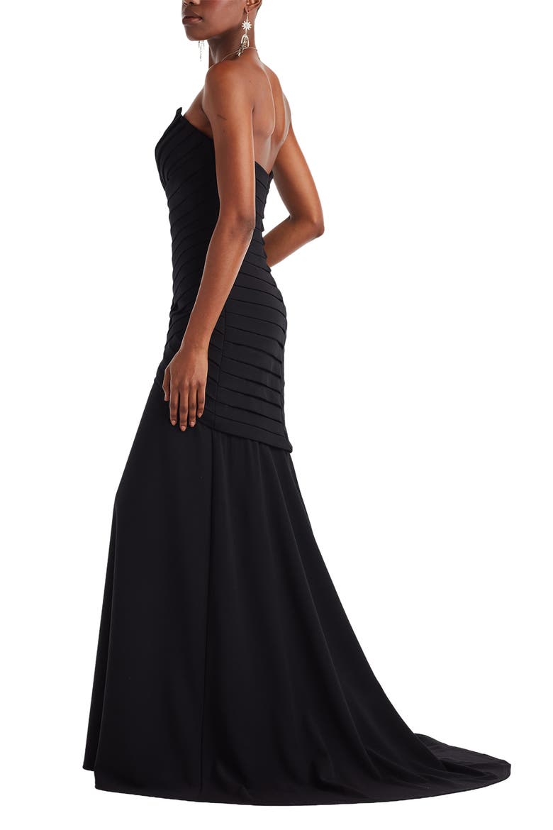 Pleated Notched Strapless Gown, Alternate, color, BLACK