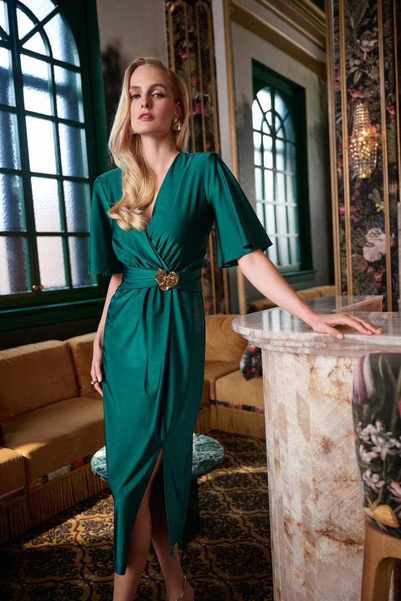Satin Knit Wrap Dress With Ruched Waistband, Alternate, color, Opulent Green
