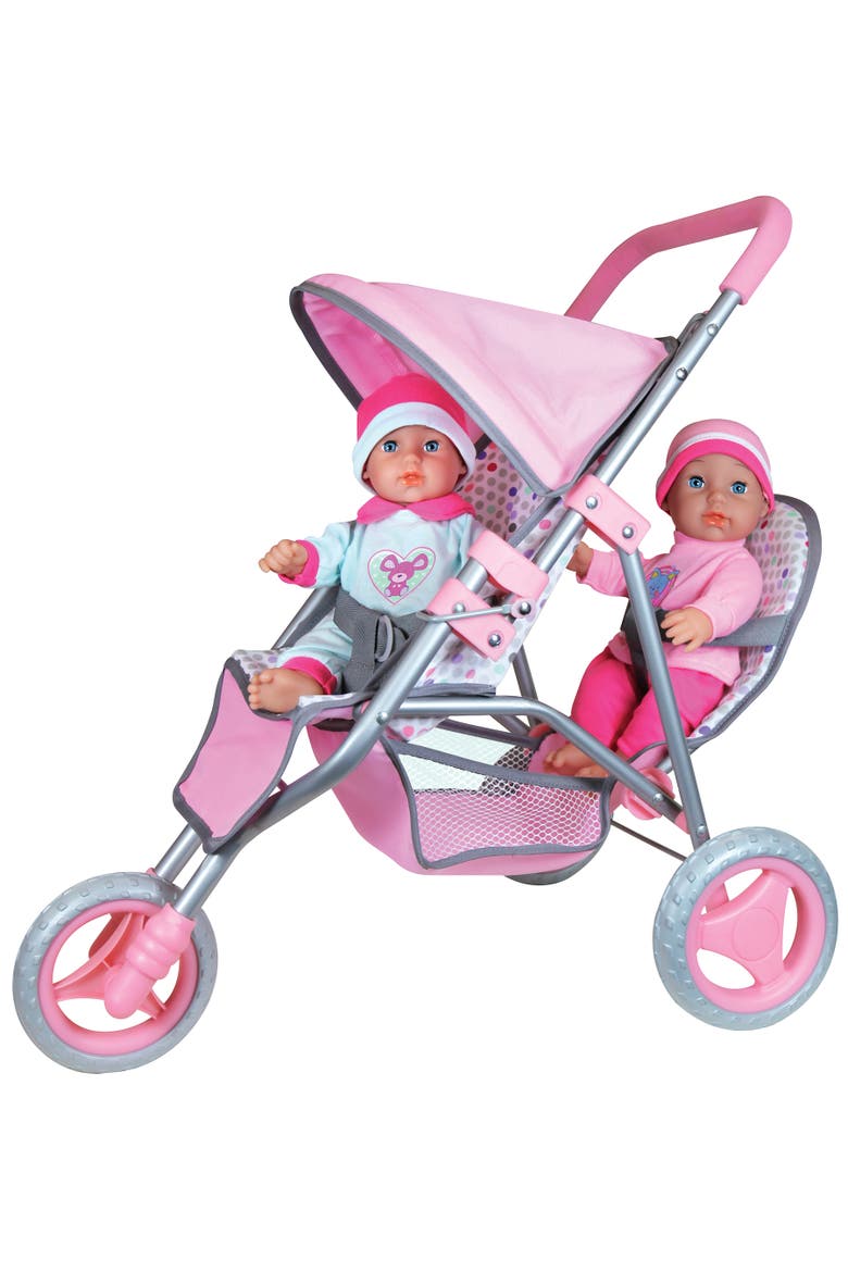 11 Inch Twin Baby Dolls & Jogger Set, Pink & Blue Animal Outfits, Stroller, Alternate, color, Multicolored