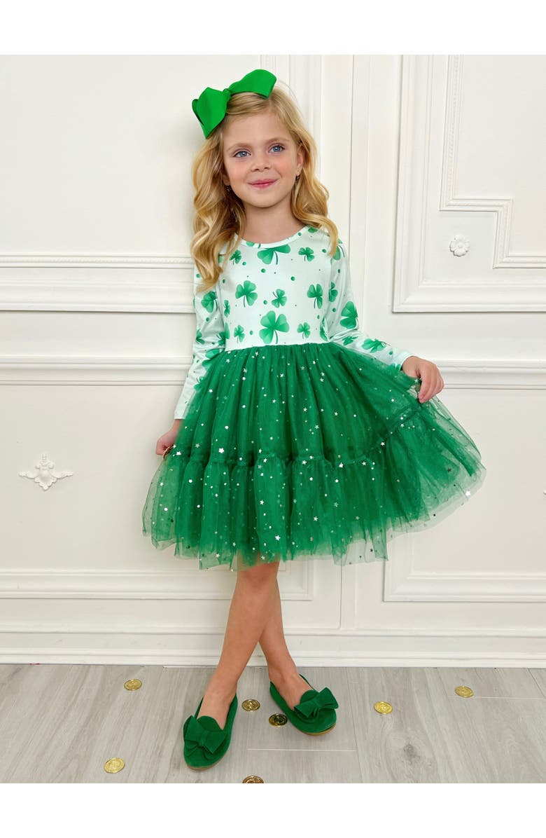 Mia Belle Girls My Lucky Girl Clover Print Tutu Dress, Alternate, color, Green