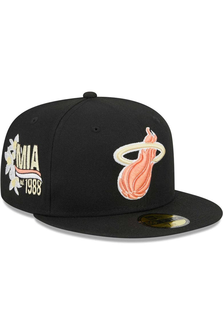 Men's New Era Black Miami Heat Floral Side 59FIFTY Fitted Hat, Main, color, Black