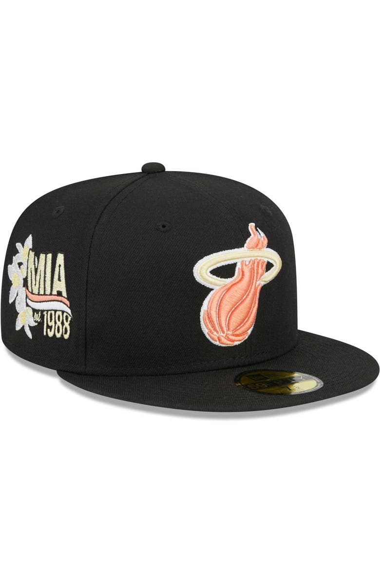 New Era Men's New Era Black Miami Heat Floral Side 59FIFTY Fitted Hat, Main, color, 