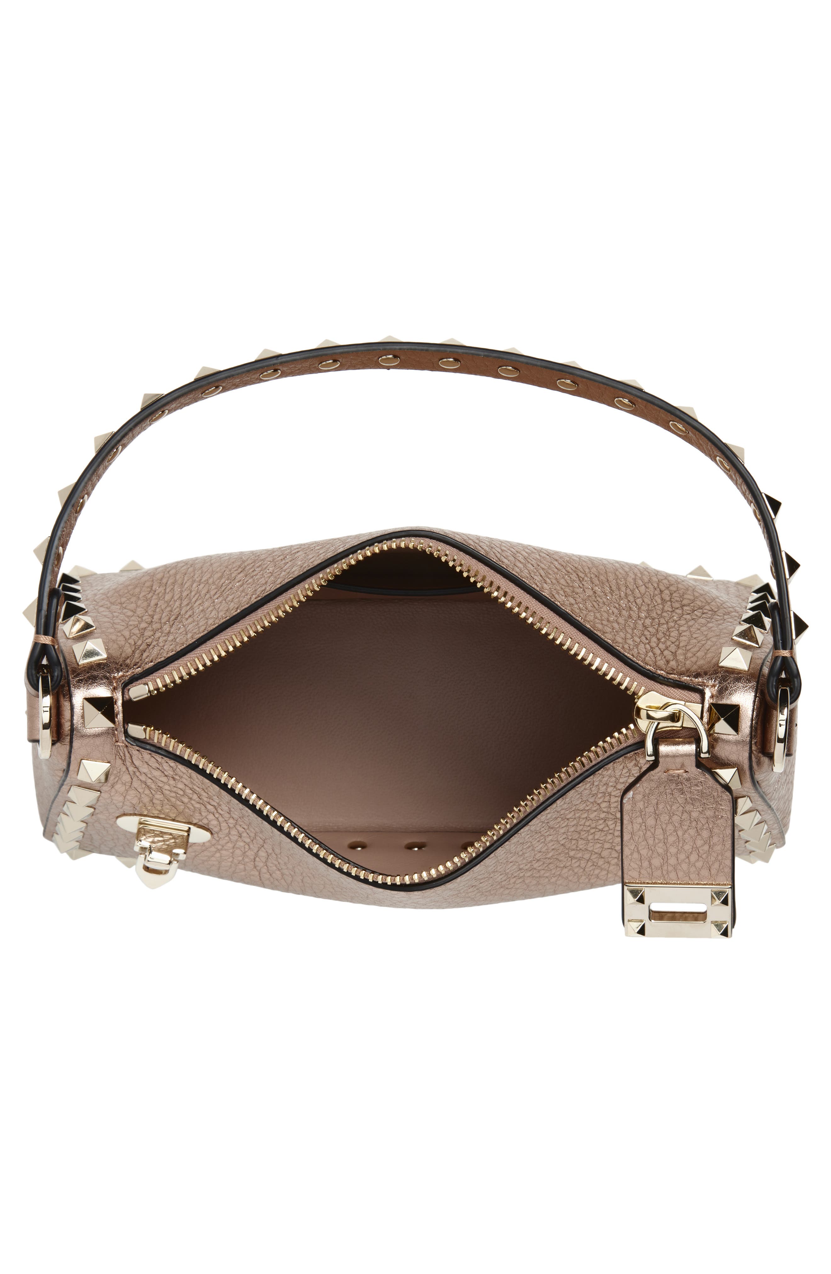 Valentino Garavani Small Rockstud Grained Metallic Leather Shoulder Bag, Alternate, color, Rose