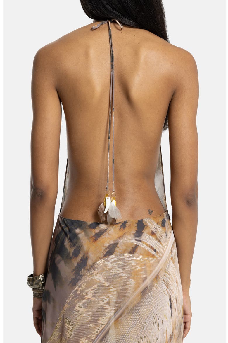 Feather Print Halter Neck Slipdress, Alternate, color, BROWN