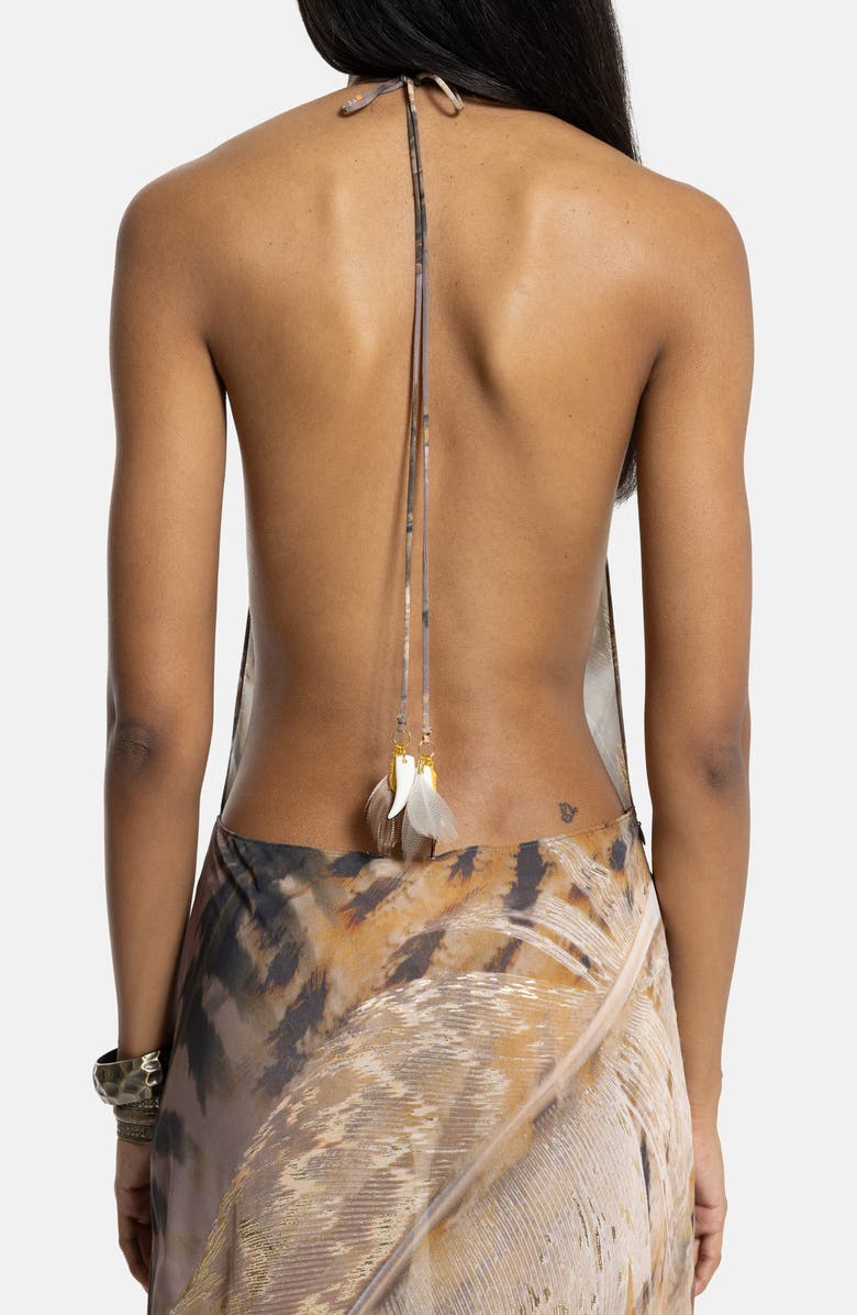 JADED LONDON Feather Print Halter Neck Slipdress, Alternate, color, Brown
