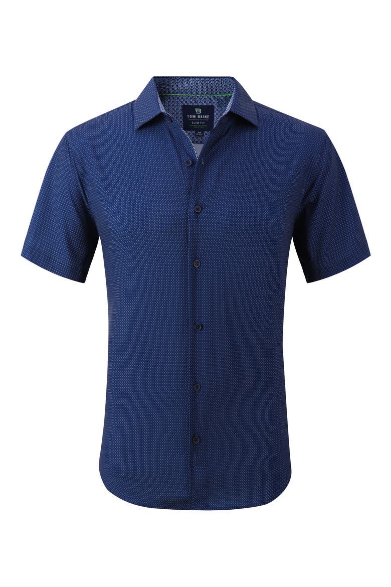 Slim Fit Short Sleeve Performance Stretch Button-Up Shirt, Alternate, color, NAVY BLUE