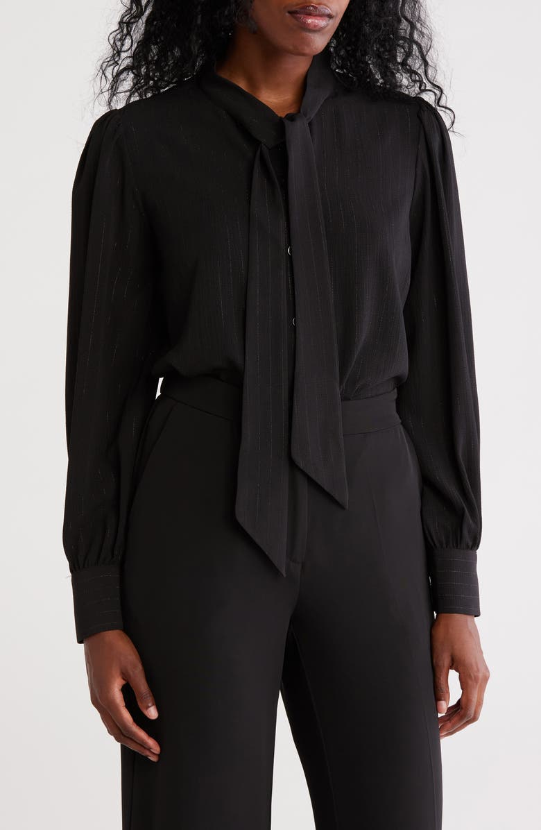 DKNY Tie Neck Long Sleeve Button-Up Top, Main, color,