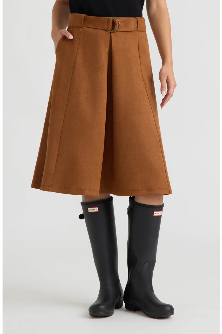 Belted Faux Suede A-Line Midi Skirt, Main, color, COPPER