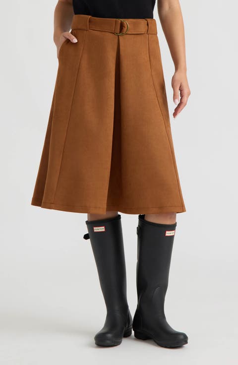 Belted Faux Suede A-Line Midi Skirt