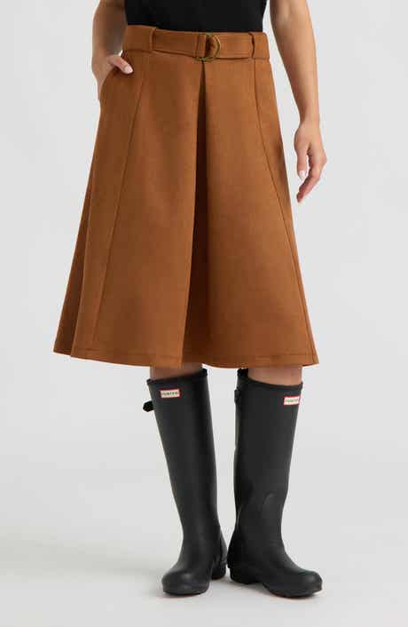 Belted Faux Suede A-Line Midi Skirt