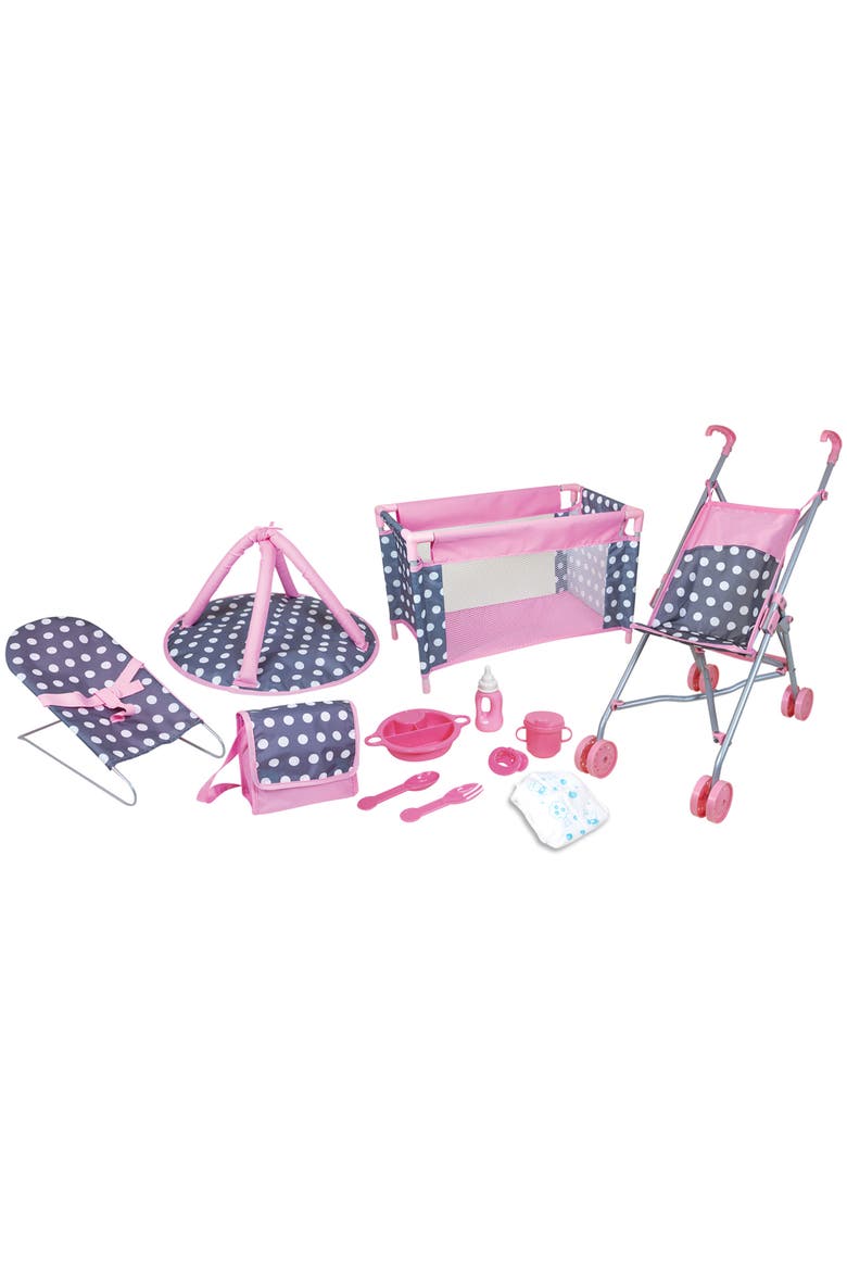 Deluxe Doll Nursery 12 Piece Set, Pink Blue Polka Dot, Fits Up To 16 Inches, Main, color, Multicolored