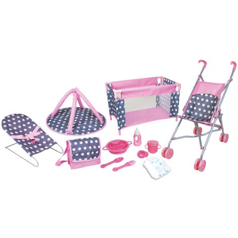 Deluxe Doll Nursery 12 Piece Set, Pink Blue Polka Dot, Fits Up To 16 Inches