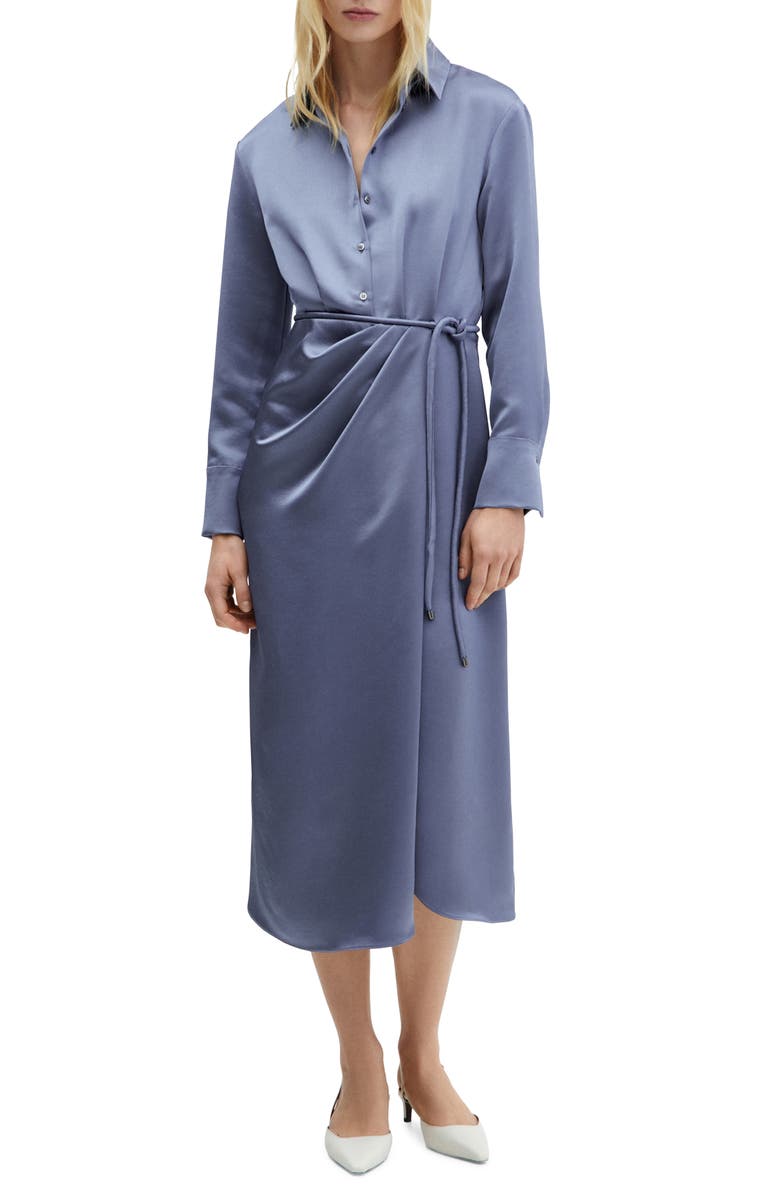 MANGO Long Sleeve Satin Midi Shirtdress, Main, color, 
