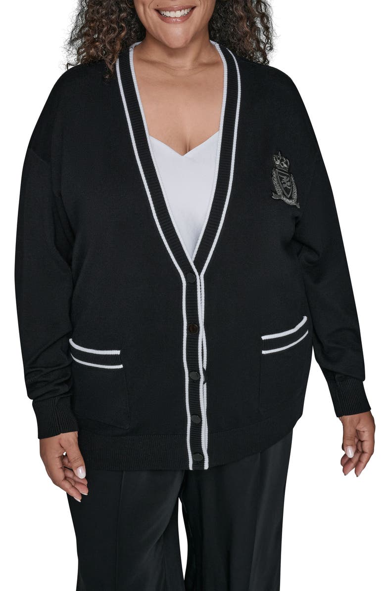 KARL LAGERFELD PARIS Varsity Cardgian, Main, color, Black/ Soft White