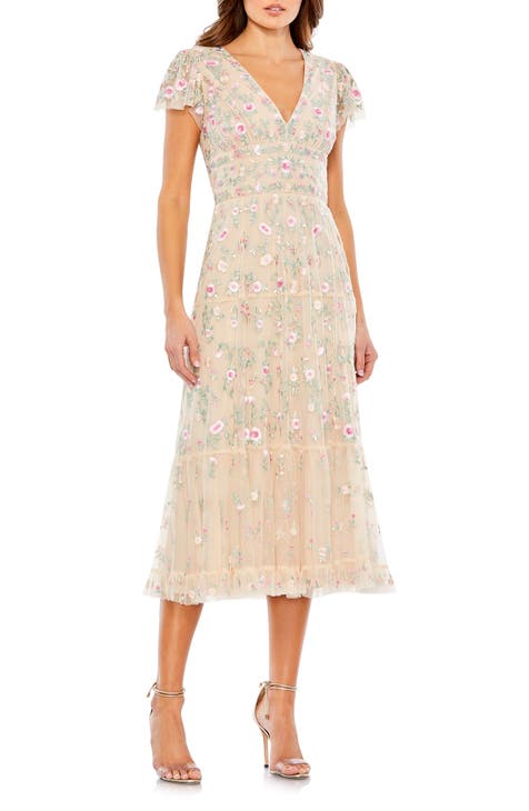 The Elara Embroidered Flutter Sleeve Midi Dress
