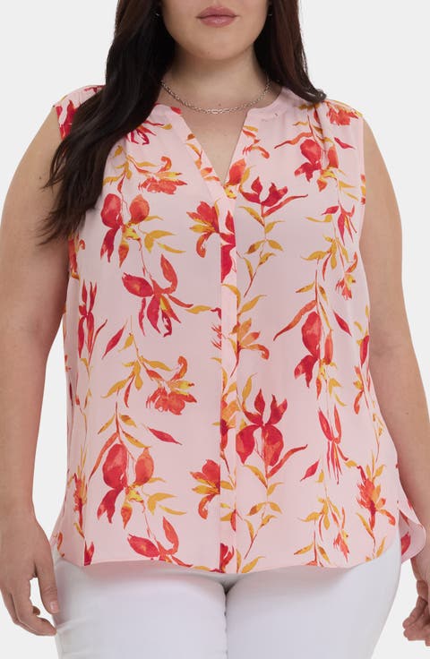 Print Sleeveless Pleat Back Top (Plus Size)