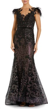 Mac Duggal Embellished Feather Cap Sleeve Gown