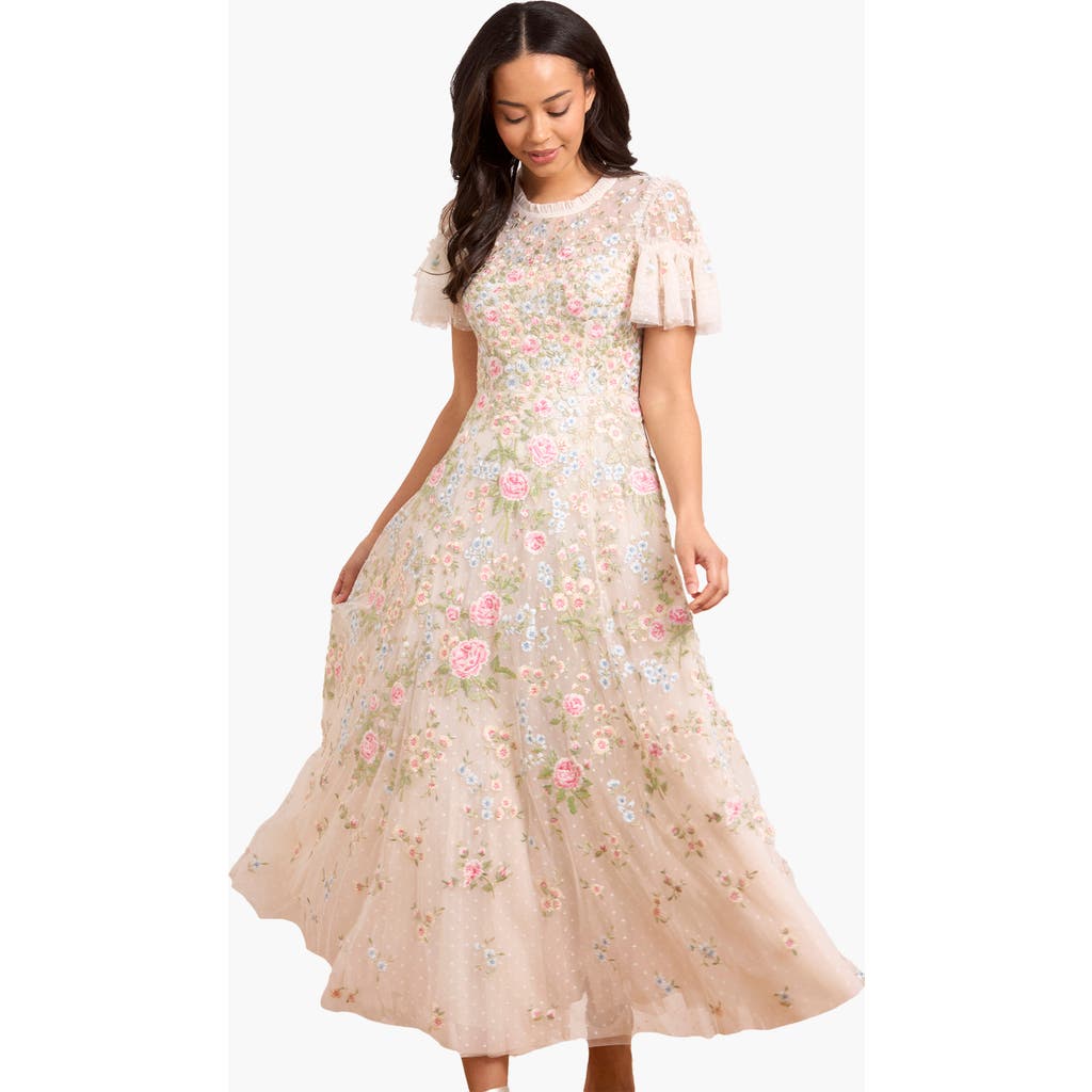 Needle & Thread Antoinettes Floral Round Neck Midi Gown In White