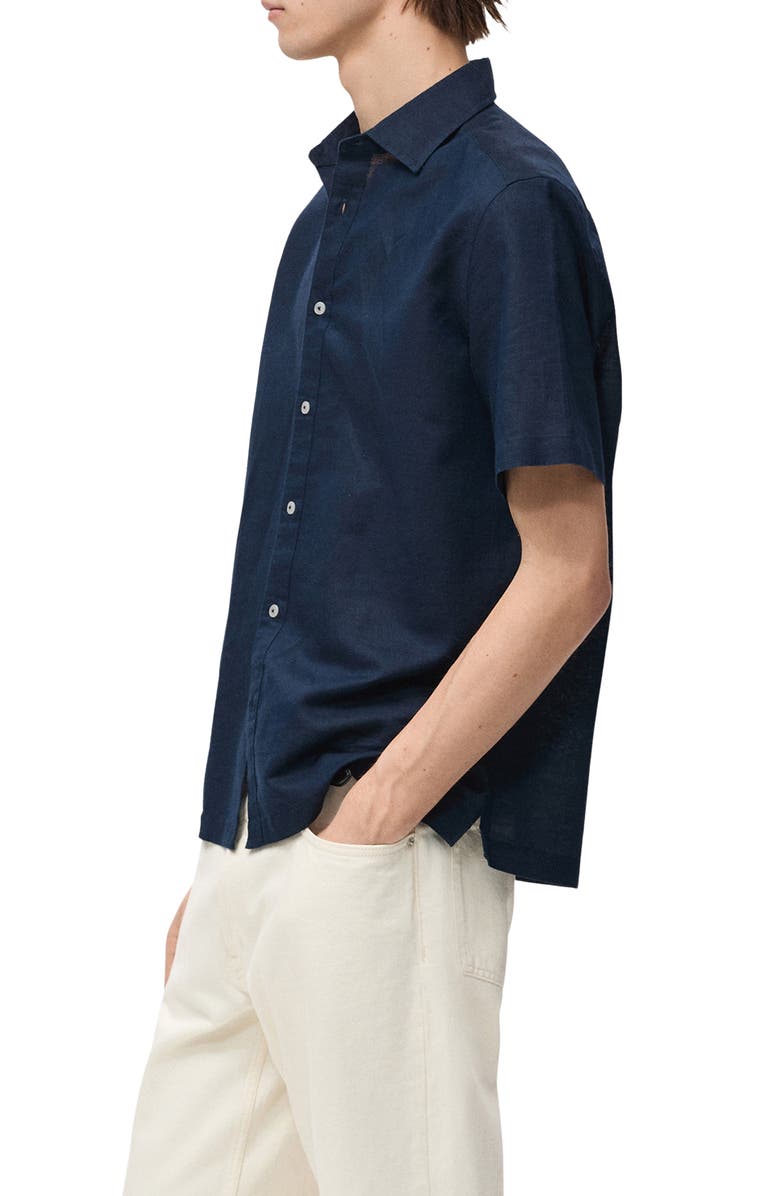 MANGO Regular Fit Linen Blend Button-Up Shirt, Alternate, color, Dark Navy