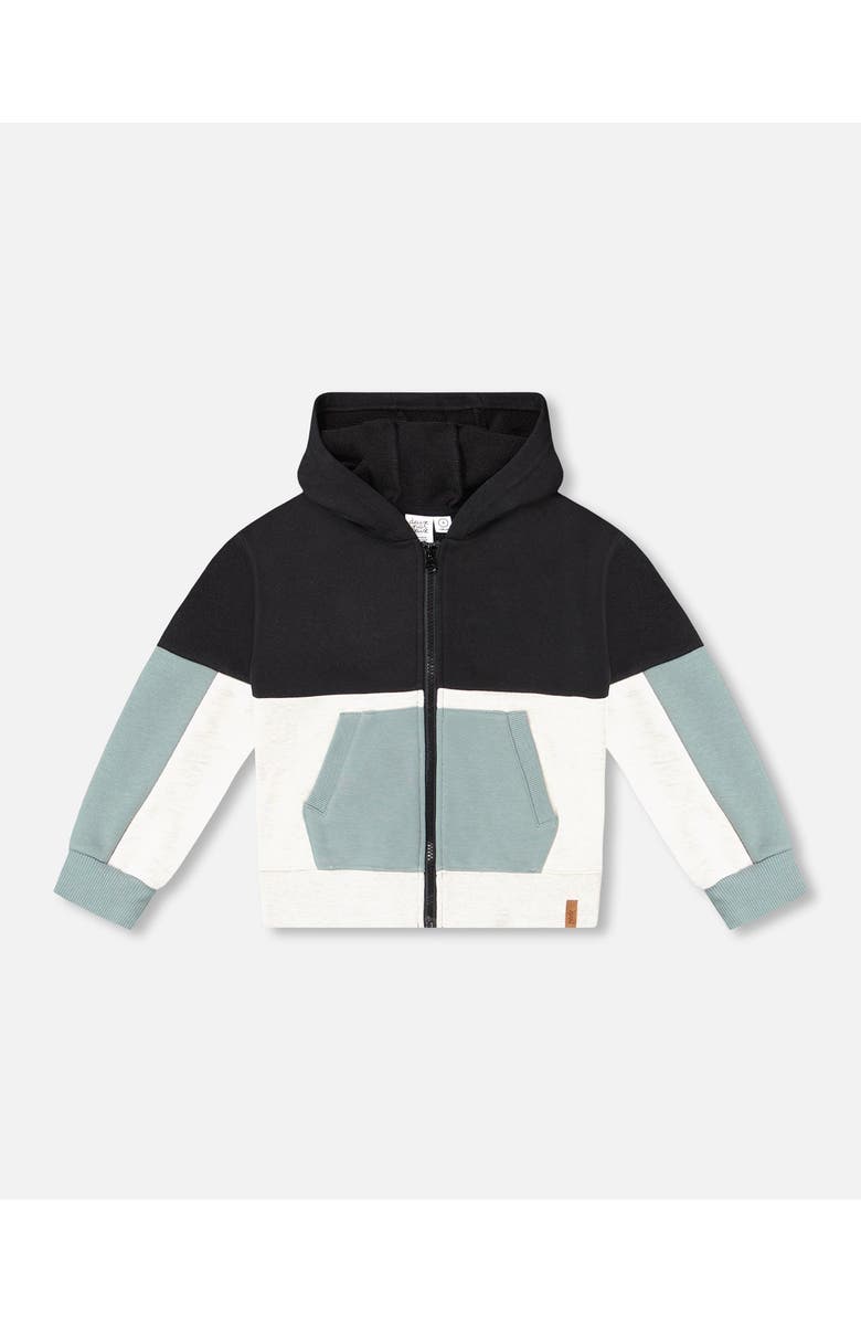Deux par Deux Little Boy's French Terry Color Block Full Zip Hoodie Cardigan Sweatshirt Black, Teal And Shimmer, Main, color, 