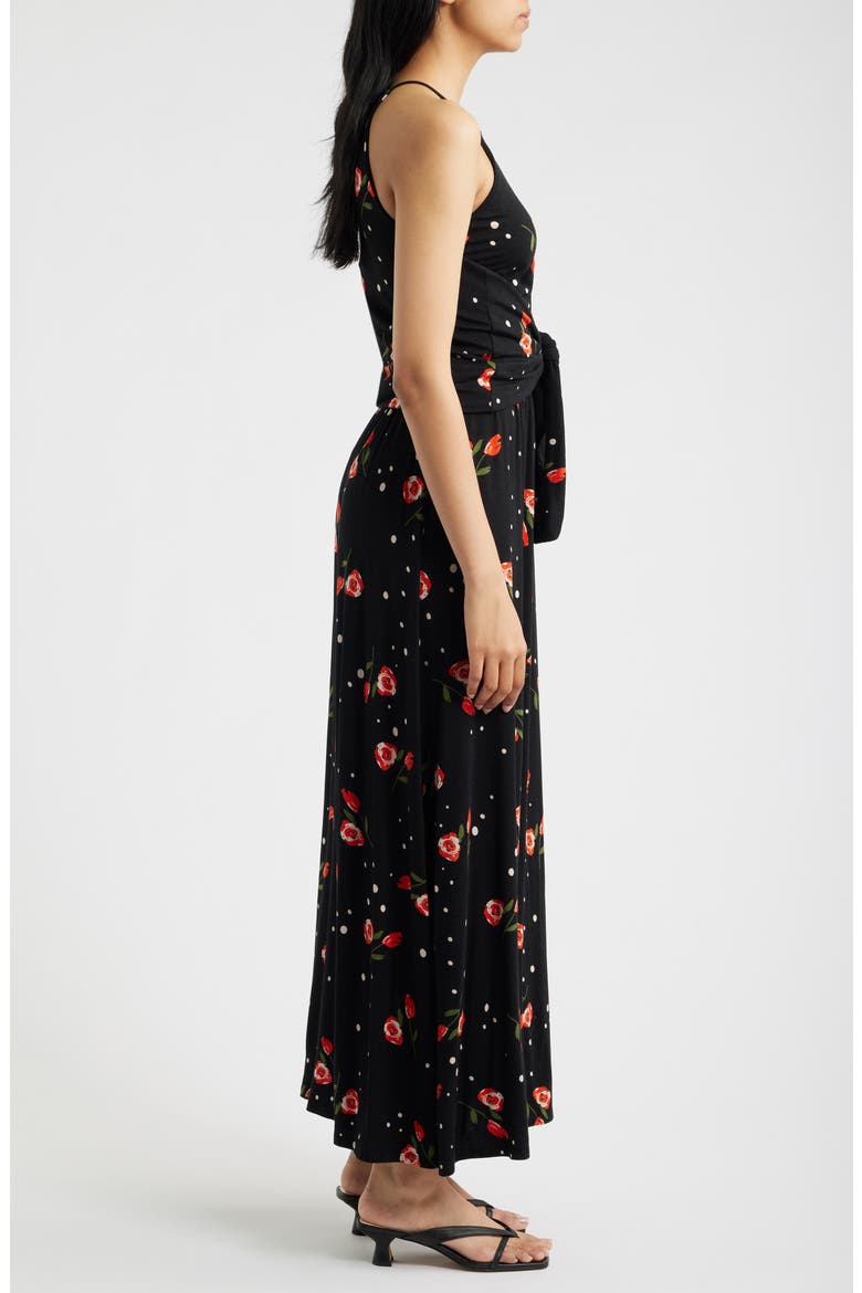 Floral Print Apron Maxi Dress, Alternate, color, BLACK/ RED