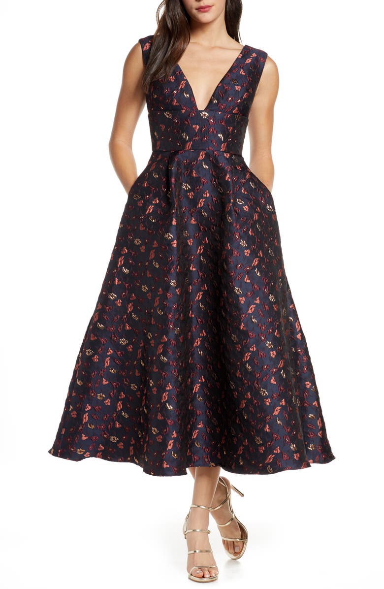 ML Monique Lhuillier Floral Jacquard A-Line Dress, Main, color,