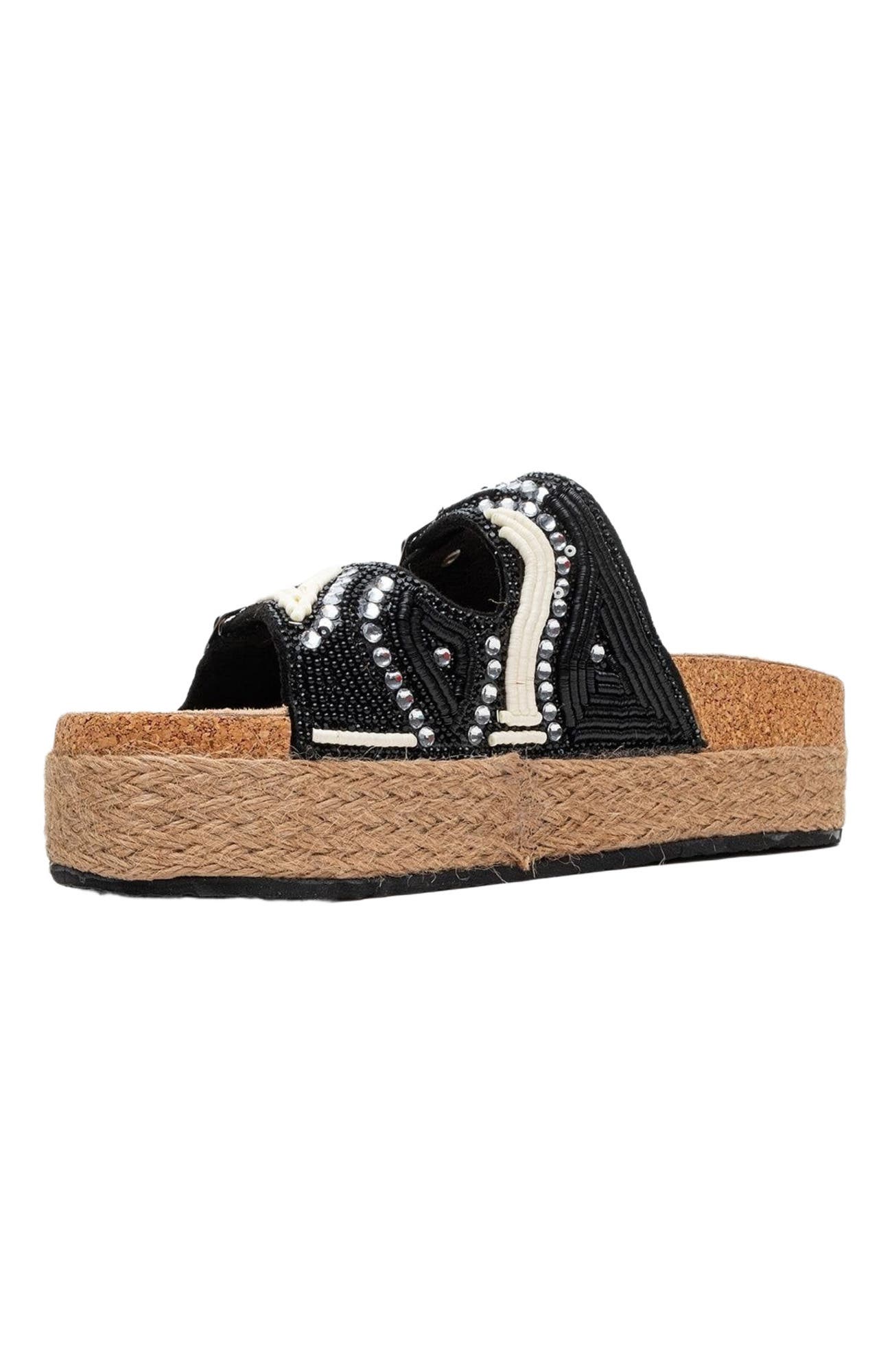 Prologue Shoes Bobby Beaded Straw Platform Slide Sandal, Alternate, color, Black Faux Leather