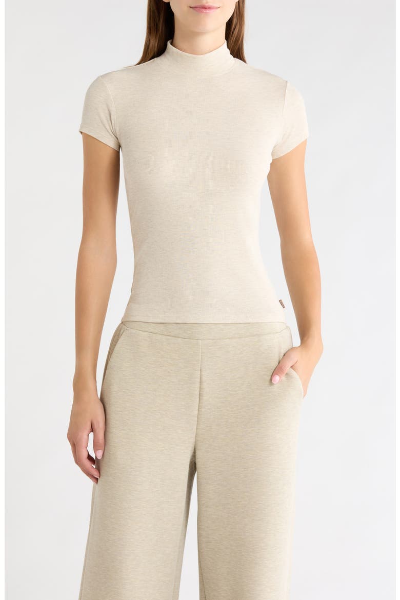 Mock Neck Short Sleeve Ribbed Top, Main, color, HTR BROWN RICE