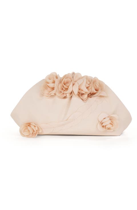 Violet Jacquard Satin Floral Applique Pouch Clutch
