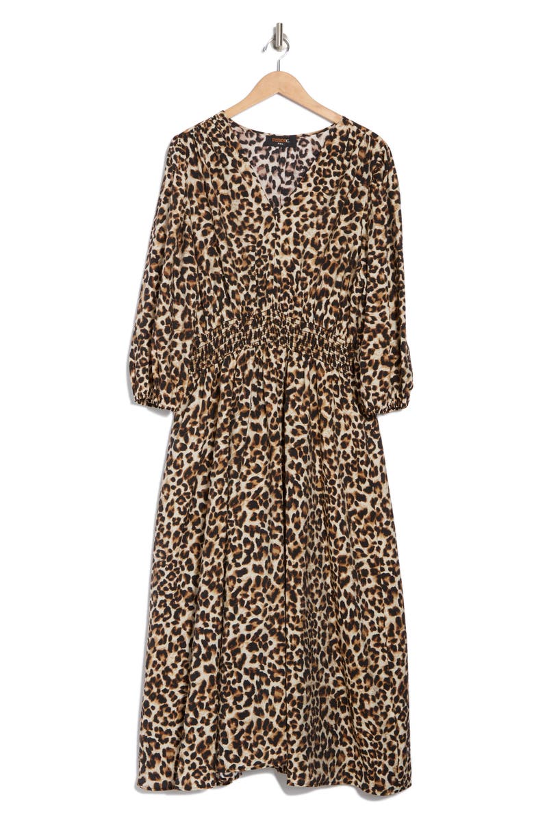 Renee C Leopard Smocked Waist Midi Dress, Alternate, color, Chocolate