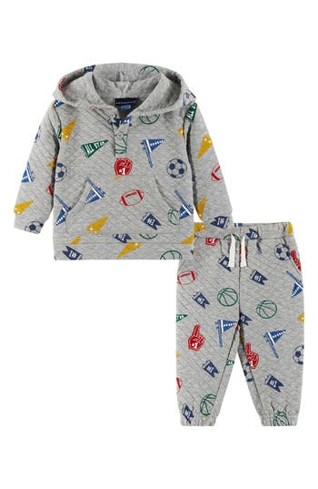 Andy & Evan Varsity Quilted Hooded Pullover & Joggers Set In Gray