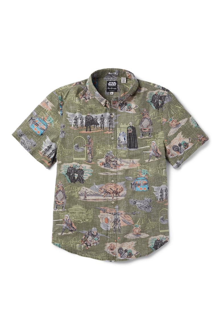 Men's Tailored Fit Mandalorian Print Short Sleeve Button-Down Shirt, Main, color, OLIVE
