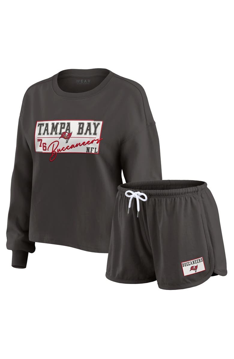 WEAR by Erin Andrews Women's WEAR by Erin Andrews Pewter Tampa Bay Buccaneers Heavy Rugby Jersey Long Sleeve T-Shirt & Shorts Lounge Set, Main, color, 
