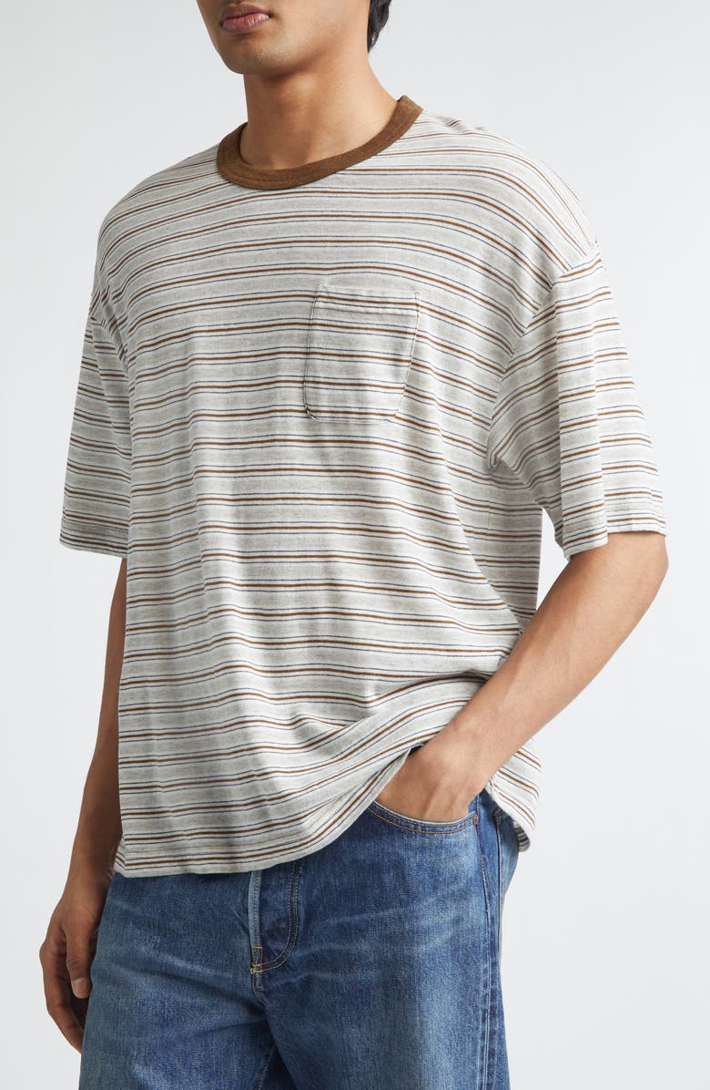 VISVIM Mondo Border Stripe Pocket Wool & Cotton T-Shirt, Alternate, color, Grey