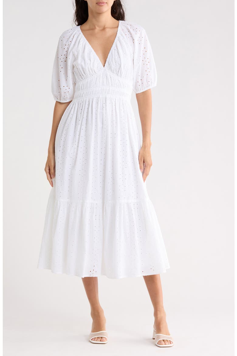 Eyelet Shirred Midi Dress, Main, color, WHITE