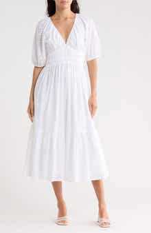Eyelet Shirred Midi Dress