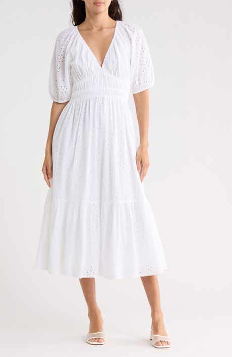 NSR Eyelet Shirred Midi Dress