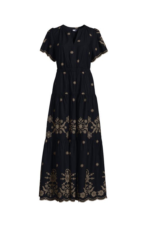 LANDS' END LANDS' END TIERED COTTON POPLIN EMBROIDERED MAXI DRESS