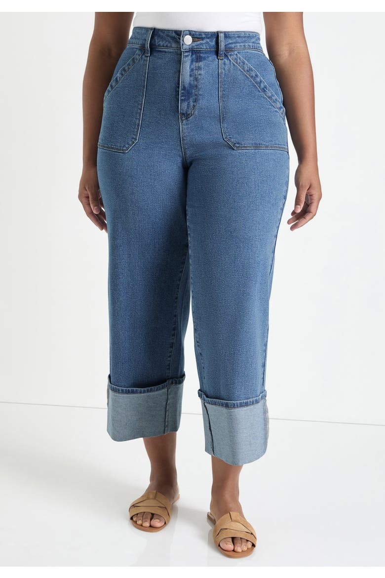Wide-Leg Cropped Cuffed Jeans, Alternate, color, MEDIUM VINTAGE WASH