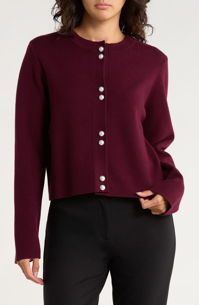 French Connection Faux Pearl Button Cardigan, Main, color, Evening Wine
